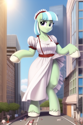 Size: 512x768 | Tagged: safe, ai content, derpibooru import, generator:novelai, generator:stable diffusion, machine learning generated, coco pommel, earth pony, pony, semi-anthro, g4, artificial intelligence, bipedal, city, female, giant pony, giantess, macro, maid, maid headdress, prompter:deepfried-doughstick, solo, standing