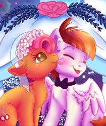 Size: 1505x1789 | Tagged: safe, alternate version, artist:zobaloba, derpibooru import, babs seed, featherweight, earth pony, pegasus, pony, g4, apple, apple tree, blushing, brown hair, brown mane, clothes, couple, cute, cutie mark accessory, cutie mark earrings, dress, ear piercing, earring, eyes closed, female, food, forest, freckles, green eyes, jewelry, licking, love, male, mare, marriage, nature, older, older babs seed, older featherweight, piercing, red hair, romantic, ship:featherseed, shipping, sitting, smiling, stallion, straight, tongue, tongue out, tree, veil, wedding, wedding dress, wedding veil, wholesome, wings