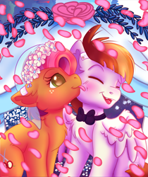 Size: 1505x1789 | Tagged: safe, alternate version, artist:zobaloba, derpibooru import, babs seed, featherweight, earth pony, pegasus, pony, g4, apple, apple tree, blushing, brown hair, brown mane, clothes, couple, cute, cutie mark accessory, cutie mark earrings, dress, ear piercing, earring, eyes closed, female, flower, food, forest, freckles, green eyes, jewelry, licking, love, male, mare, marriage, nature, older, older babs seed, older featherweight, piercing, red hair, romantic, rose, rose petals, ship:featherseed, shipping, sitting, smiling, stallion, straight, tongue, tongue out, tree, veil, wedding, wedding dress, wedding veil, wholesome, wings