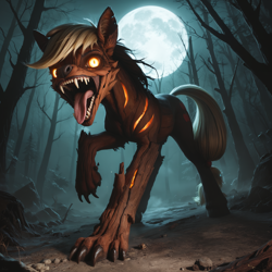 Size: 2432x2432 | Tagged: safe, ai content, derpibooru import, generator:pony diffusion v6 xl, generator:stable diffusion, machine learning generated, applejack, monster pony, original species, timber pony, timber wolf, series:monsters of the everfree forest, g4, dark forest, everfree forest, fangs, female, fog, forest, full moon, glowing, glowing eyes, monster, moon, nature, night, nightmare fuel, open mouth, outdoors, prompter:star-dragon, race swap, solo, species swap, timber wolfified, timberjack, tree