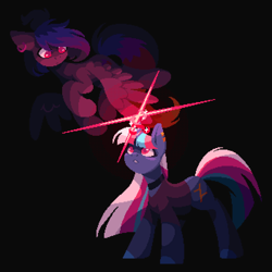 Size: 2450x2450 | Tagged: safe, artist:danvo, derpibooru import, oc, oc only, oc:danvoolka, oc:scarlett moonlight, pegasus, pony, unicorn, black background, digital art, dithering, female, female oc, glowing, glowing horn, horn, magic, male, male oc, pegasus oc, piercing, pixel art, simple background, sparkles, unicorn oc