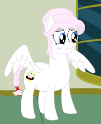 Size: 2833x3475 | Tagged: safe, artist:mariculture, derpibooru import, oc, oc only, oc:cuddle wings, pegasus, pony, blushing, female, looking away, mare, partially open wings, solo, wings