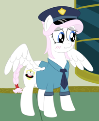 Size: 2833x3475 | Tagged: safe, alternate version, artist:mariculture, derpibooru import, oc, oc only, oc:cuddle wings, pegasus, pony, blushing, clothes, female, hat, looking away, mare, necktie, partially open wings, police, police hat, police officer, police pony, police uniform, solo, uniform, wings