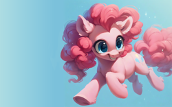 Size: 2560x1600 | Tagged: safe, ai content, derpibooru import, generator:purplesmart.ai, generator:stable diffusion, machine learning assisted, machine learning generated, pinkie pie, earth pony, pony, g4, beautiful, blue background, blue eyes, cute, detailed, detailed hair, ear fluff, ears, fluffy, happy, pink hair, prompter:saltyvity, running, simple background, smiling, solo, sparkles, wallpaper