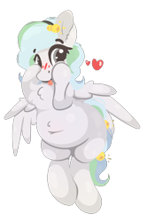 Size: 1102x1664 | Tagged: safe, artist:rhythmpixel, derpibooru import, oc, oc only, oc:river chime, pegasus, pony, bells, belly, belly button, blushing, chest fluff, chubby, female, heart, heart eyes, mare, simple background, solo, transparent background, wingding eyes