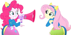 Size: 4476x2220 | Tagged: safe, derpibooru import, edit, edited screencap, editor:mrtoonlover83, screencap, fluttershy, pinkie pie, human, equestria girls, g4, background removed, duo, duo female, female, megaphone, needs more jpeg, not a vector, simple background, transparent background, wondercolt ears, wondercolts uniform