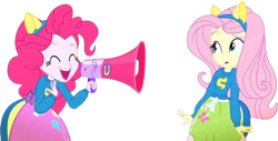 Size: 4476x2271 | Tagged: safe, derpibooru import, edit, edited screencap, editor:mrtoonlover83, screencap, fluttershy, pinkie pie, equestria girls, g4, background removed, duo, duo female, female, megaphone, needs more jpeg, not a vector, simple background, transparent background, wondercolt ears, wondercolts uniform