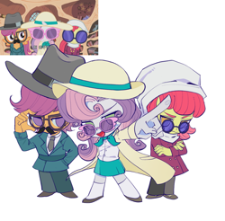 Size: 2279x2238 | Tagged: safe, artist:nimingxiwang168, derpibooru import, apple bloom, scootaloo, sweetie belle, human, equestria girls, g4, :d, chibi, clothes, crossed arms, cutie mark crusaders, detective, fake moustache, golden oaks library, hat, headscarf, jacket, kneesocks, looking at you, necktie, open mouth, open smile, pants, pointing, reference used, scarf, screencap reference, shirt, shoes, simple background, skirt, smiling, socks, sun hat, sunglasses, white background