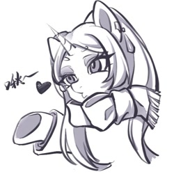 Size: 642x642 | Tagged: safe, artist:yuxiangmuer, derpibooru import, pony, unicorn, blowing a kiss, bust, clothes, female, frieren, frieren: beyond journey's end, heart, horn, lineart, long sleeves, mare, ponified, scarf, simple background, solo, species swap, text, white background