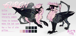 Size: 3974x1875 | Tagged: safe, artist:z0mbiebite, derpibooru import, oc, oc only, oc:glyron, griffon, bandana, chest fluff, eyeshadow, makeup, male, reference sheet, simple background, solo, wings