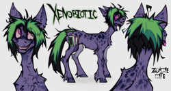 Size: 2500x1329 | Tagged: safe, artist:z0mbiebite, derpibooru import, oc, oc only, oc:xenobiotic, earth pony, pony, fluffy, freckles, heterochromia, male, messy mane, reference sheet, simple background, solo, stallion, sternocleidomastoid