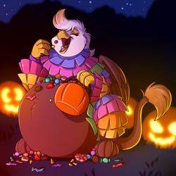 Size: 1920x1920 | Tagged: safe, artist:sugaryviolet, derpibooru import, oc, oc only, oc:macchiato (griffon), griffon, adorafatty, belly, big belly, candy, clothes, clothing damage, costume, cute, eating, eyes closed, fat, female, food, griffon oc, nightmare night, pumpkin bucket, solo, stuffed, stuffed belly