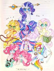 Size: 1456x1920 | Tagged: safe, artist:肝到驾崩, derpibooru import, applejack, fluttershy, pinkie pie, rainbow dash, rarity, twilight sparkle, alicorn, earth pony, pegasus, pony, unicorn, g4, canon, clothes, cute, dashabetes, diapinkes, gloves, horn, jackabetes, lined paper, magic book, mlp fim's fourteenth anniversary, raribetes, shyabetes, sword, traditional art, twiabetes, wand, weapon, whip