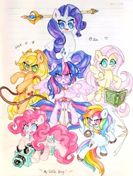 Size: 3552x4736 | Tagged: safe, artist:肝到驾崩, derpibooru import, applejack, fluttershy, pinkie pie, rainbow dash, rarity, twilight sparkle, g4, lined paper, mlp fim's fourteenth anniversary, traditional art, weapon