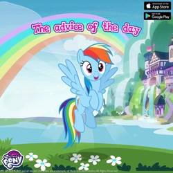 Size: 1080x1080 | Tagged: safe, derpibooru import, rainbow dash, pegasus, g4, advice, cute, dashabetes, gameloft, lake, rainbow, school of friendship, water, waterfall