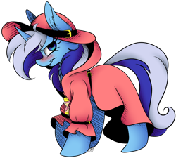 Size: 1024x920 | Tagged: safe, artist:cutepencilcase, derpibooru import, minuette, pony, unicorn, g4, blushing, clothes, coat, hat, horn, hourglass, simple background, solo, transparent background