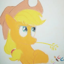 Size: 1080x1080 | Tagged: safe, artist:canterlot_artwork, derpibooru import, applejack, earth pony, pony, g4, crossed arms, hat, looking up, pastel, solo, traditional art