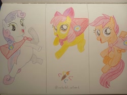 Size: 4192x3144 | Tagged: safe, artist:canterlot_artwork, derpibooru import, apple bloom, scootaloo, sweetie belle, earth pony, pegasus, pony, unicorn, g4, one bad apple, cape, clothes, cutie mark crusaders, horn, jumping, traditional art