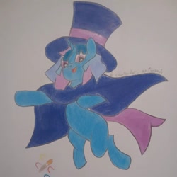 Size: 1080x1080 | Tagged: safe, artist:canterlot_artwork, derpibooru import, oc, oc:flawless sparklemoon, pony, unicorn, cape, clothes, fusion, fusion:trixie, fusion:twilight sparkle, fusion:twixie, hat, horn, jumping, my little pony the movie: the death of twilight sparkle, solo, traditional art