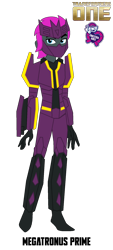 Size: 900x2000 | Tagged: safe, artist:robertsonskywa1, derpibooru import, equestria girls, g4, arm cannon, armor, decepticon, equestria girls-ified, male, mask, megatronus prime, photo, simple background, solo, text, thirteen primes, transformers, transformers one, transparent background