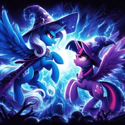 Size: 1024x1024 | Tagged: safe, ai content, derpibooru import, machine learning generated, trixie, twilight sparkle, twilight sparkle (alicorn), alicorn, pony, g4, magic duel, alicornified, angry, duo, duo female, female, hat, lidded eyes, magic, prompter:graystonepony, race swap, rearing, trixiecorn, wizard hat, wrong cutie mark