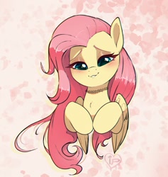 Size: 1137x1200 | Tagged: safe, artist:inkypuso, derpibooru import, fluttershy, pegasus, pony, g4, abstract background, blushing, bust, chest fluff, choker, cute, female, folded wings, hooves to the chest, hooves together, lidded eyes, looking at you, looking down, looking down at you, mare, smiling, smiling at you, solo, wings