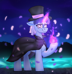 Size: 1500x1530 | Tagged: safe, artist:gantarts, derpibooru import, oc, oc only, oc:flawless sparklemoon, pony, unicorn, cloak, clothes, confetti, female, fireball, fusion, fusion:trixie, fusion:twilight sparkle, fusion:twixie, glowing, glowing horn, hat, horn, looking at you, magic, mare, my little pony the movie: the death of twilight sparkle, raised hoof, raised leg, smiling, solo, starry eyes, top hat, wingding eyes