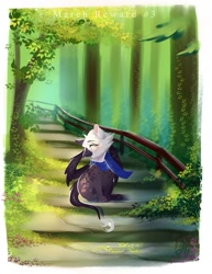 Size: 977x1265 | Tagged: safe, artist:bambudess, derpibooru import, oc, oc only, griffon, clothes, forest, nature, scarf, solo, tree