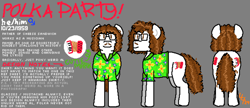 Size: 5950x2570 | Tagged: safe, artist:44nifty, derpibooru import, oc, oc only, oc:polka party, earth pony, pony, accordion, brown eyes, brown mane, brown tail, clothes, curly hair, curly mane, curly tail, cutie mark, facial hair, glasses, gray background, hawaiian shirt, moustache, musical instrument, ponified music artist, ponified musician, pronouns, reference sheet, shirt, signature, simple background, solo, tail, weird al yankovic, white coat