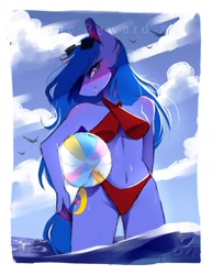 Size: 977x1265 | Tagged: safe, artist:bambudess, derpibooru import, oc, oc only, oc:shadow blue, anthro, bird, earth pony, beach ball, bikini, breasts, clothes, female, ocean, solo, sunglasses, sunglasses on head, swimsuit, water