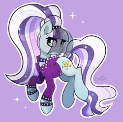 Size: 2048x2042 | Tagged: safe, artist:chaoticcr0w, derpibooru import, coloratura, earth pony, pony, g4, aside glance, choker, clothes, countess coloratura, female, hair up, head turn, high res, jacket, light purple background, looking at you, mare, outfit, outline, raised hooves, simple background, solo, sparkles, veil, white outline