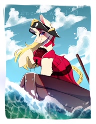 Size: 977x1265 | Tagged: safe, artist:bambudess, derpibooru import, oc, oc only, pony, snake, unicorn, boat, braid, braided tail, clothes, dress, female, hat, horn, mare, pirate hat, ship, solo, tail