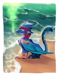 Size: 977x1265 | Tagged: safe, artist:bambudess, derpibooru import, oc, oc only, griffon, beach, chest fluff, headdress, ocean, solo, water