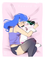 Size: 977x1265 | Tagged: safe, artist:bambudess, derpibooru import, oc, oc only, oc:shadow blue, human, pony, unicorn, clothes, cuddling, duo, female, horn, human female, male, shorts, sleeping, socks, spooning, stallion