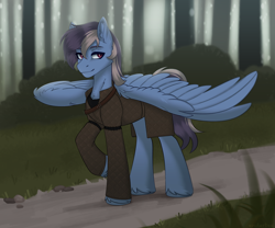 Size: 3000x2500 | Tagged: safe, artist:enderbee, derpibooru import, oc, oc only, oc:silver lightning, pegasus, pony, clothes, commission, forest, full body, male, nature, solo, spread wings, stallion, tree, wings