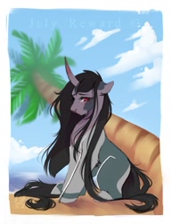 Size: 977x1265 | Tagged: safe, artist:bambudess, derpibooru import, oc, oc only, pony, unicorn, beach, female, horn, mare, ocean, palm tree, solo, tree, water