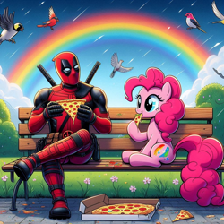 Size: 1024x1024 | Tagged: safe, ai content, derpibooru import, machine learning generated, pinkie pie, bird, human, g4, bench, deadpool, eating, food, marvel, park, pizza, prompter:bluey2309, rainbow, superhero