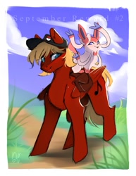 Size: 977x1265 | Tagged: safe, artist:bambudess, derpibooru import, oc, pegasus, pony, bag, cap, duo, hat, male, pokémon, riding, riding a pony, saddle bag, stallion, sylveon