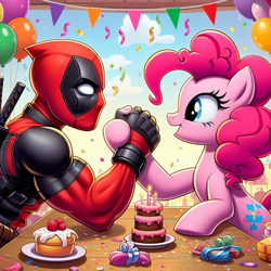 Size: 1024x1024 | Tagged: safe, ai content, derpibooru import, machine learning generated, pinkie pie, g4, arm wrestling, birthday cake, birthday park, cake, deadpool, female, food, male, marvel, party, prompter:bluey2309