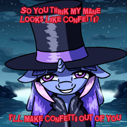 Size: 1000x1000 | Tagged: safe, alternate version, artist:jusussi, derpibooru import, oc, oc only, oc:flawless sparklemoon, pony, unicorn, cloak, clothes, confetti, female, fusion, fusion:trixie, fusion:twilight sparkle, fusion:twixie, hat, horn, looking at you, mare, my little pony the movie: the death of twilight sparkle, smiling, solo, starry eyes, top hat, wingding eyes