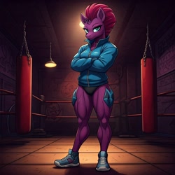 Size: 1024x1024 | Tagged: safe, ai content, derpibooru import, machine learning generated, fizzlepop berrytwist, tempest shadow, anthro, plantigrade anthro, unicorn, g4, bikini, bikini bottom, broken horn, clothes, crossed arms, female, generator:google imagen 3.0, gym, horn, jacket, lidded eyes, muscles, muscular female, prompter:zerowinger, shoes, smiling, sneakers, solo, swimsuit, temple shadow, track jacket