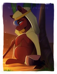 Size: 977x1265 | Tagged: safe, artist:bambudess, derpibooru import, oc, oc only, earth pony, pony, headdress, sitting, solo, tree