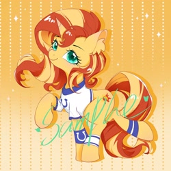 Size: 2048x2048 | Tagged: safe, artist:co306012, derpibooru import, sunset shimmer, pony, unicorn, g4, clothes, ear fluff, ears, female, gradient background, horn, leg band, looking at you, mare, patterned background, raised hoof, raised leg, shirt, smiling, solo, sparkles, t-shirt, text