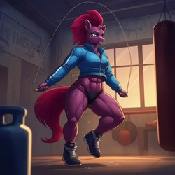 Size: 1024x1024 | Tagged: safe, ai content, derpibooru import, machine learning generated, fizzlepop berrytwist, tempest shadow, anthro, plantigrade anthro, unicorn, g4, abs, bikini, bikini bottom, broken horn, clothes, female, generator:google imagen 3.0, gym, horn, jacket, jump rope, muscles, muscular female, prompter:zerowinger, shoes, sneakers, solo, sweat, sweating profusely, swimsuit, temple shadow, track jacket, workout