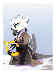 Size: 1954x2530 | Tagged: safe, artist:bambudess, derpibooru import, oc, oc only, griffon, cloak, clothes, lyre, musical instrument, snow, snowfall, solo