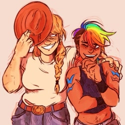 Size: 897x897 | Tagged: safe, artist:poltergrease, derpibooru import, applejack, rainbow dash, human, g4, alternate hairstyle, appledash, applejack's hat, belly, belly button, belt, belt buckle, blushing, bra, braid, braided ponytail, butch, butch lesbian, clothes, cowboy hat, crop top bra, denim, digital art, duo, duo female, ear piercing, ears, eyebrow piercing, female, floppy ears, hair design, hand on shoulder, happy trail, hat, hat off, hat tip, humanized, jeans, laughing, lesbian, looking at each other, looking at someone, midriff, multicolored hair, muscles, muscular female, open mouth, open smile, pants, piercing, plug earrings, ponytail, rainbow hair, shaved head, shaved sides, shipping, shirt, simple background, smiling, smiling at each other, stetson, t-shirt, tanktop, tattoo, toothy grin, underwear, white background, wing tattoo, woman, wrist cuffs