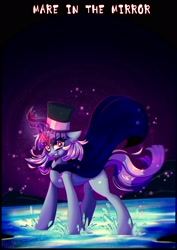 Size: 2508x3541 | Tagged: safe, artist:pozya1007, derpibooru import, oc, oc only, oc:flawless sparklemoon, unicorn, angry, background, eyes open, female, fusion, fusion:trixie, fusion:twilight sparkle, fusion:twixie, horn, looking at you, magic, my little pony the movie: the death of twilight sparkle, open mouth, open smile, smiling, smiling at you, solo, water