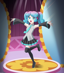 Size: 1050x1200 | Tagged: safe, artist:riouku, derpibooru import, princess flurry heart, human, g4, alternate hairstyle, boots, carousel boutique, clothes, commission, commissioner:vatobot17, cosplay, costume, cute, female, flurrybetes, hatsune miku, humanized, mirror, necktie, older, older flurry heart, open mouth, shirt, shoes, skirt, solo, tattoo, vocaloid