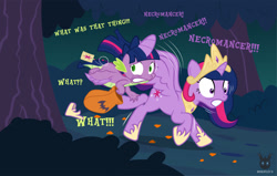 Size: 1793x1139 | Tagged: safe, artist:wheatley r.h., derpibooru exclusive, derpibooru import, spike, twilight sparkle, twilight sparkle (alicorn), alicorn, dragon, pony, g4, alicorn costume, bush, clothes, comic, costume, crown, duo, duo male and female, fake cutie mark, fake horn, fake wings, female, flower, forest, hood, jewelry, male, mare, nature, night, nightmare night, nightmare night costume, outdoors, regalia, running, scared, sky, spread wings, tree, twilight sparkle costume, vector, watermark, winged spike, wings