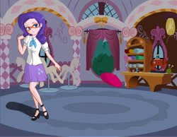 Size: 900x700 | Tagged: safe, artist:angelofdreams34, derpibooru import, rarity, human, g4, carousel boutique, clothes, cutie mark on clothes, female, glasses, high heels, humanized, shoes, skirt, smiling, solo